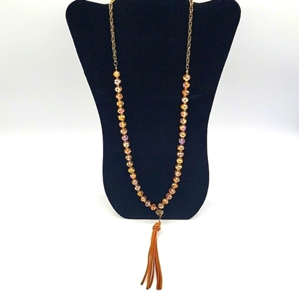 Vintage Boho Single Strand Champagne Color Crystal Beads Suede Tassle